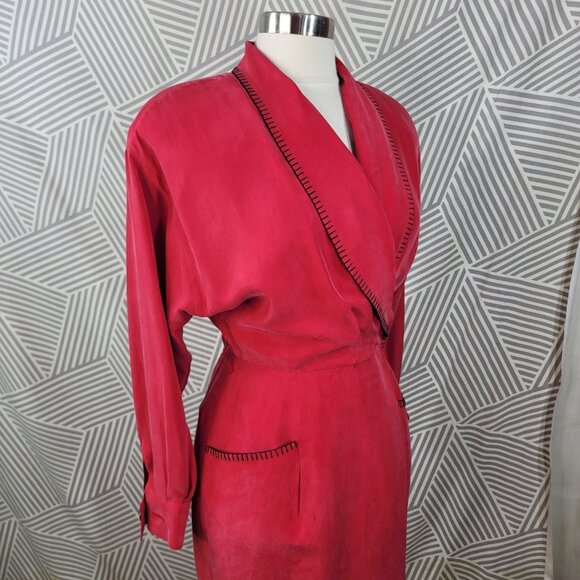 Vintage 100% Silk Power Suit Jacket Dress Size 6 Midi Top Red Wrap Pockets 80s - Picture 5 of 11